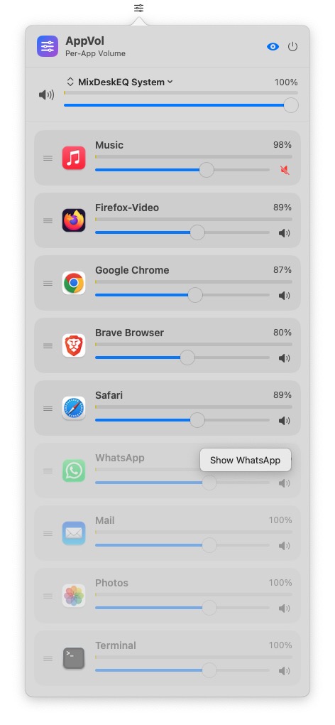 Show-hidden toggle revealing hidden apps to bring them back