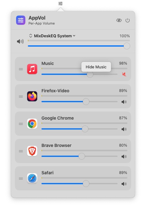 Right-click menu to hide an app from the list