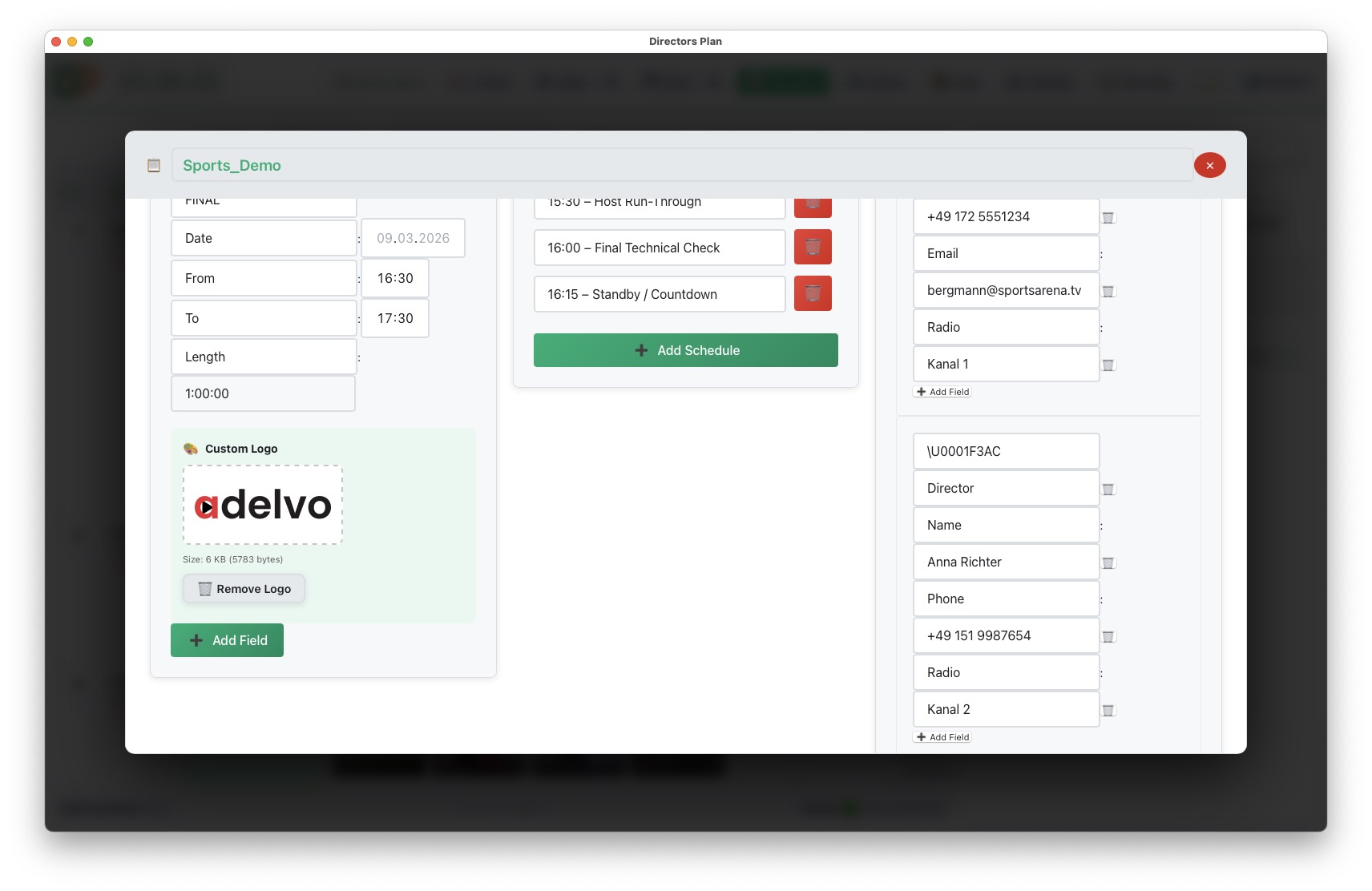 Plan Header with show data and contacts