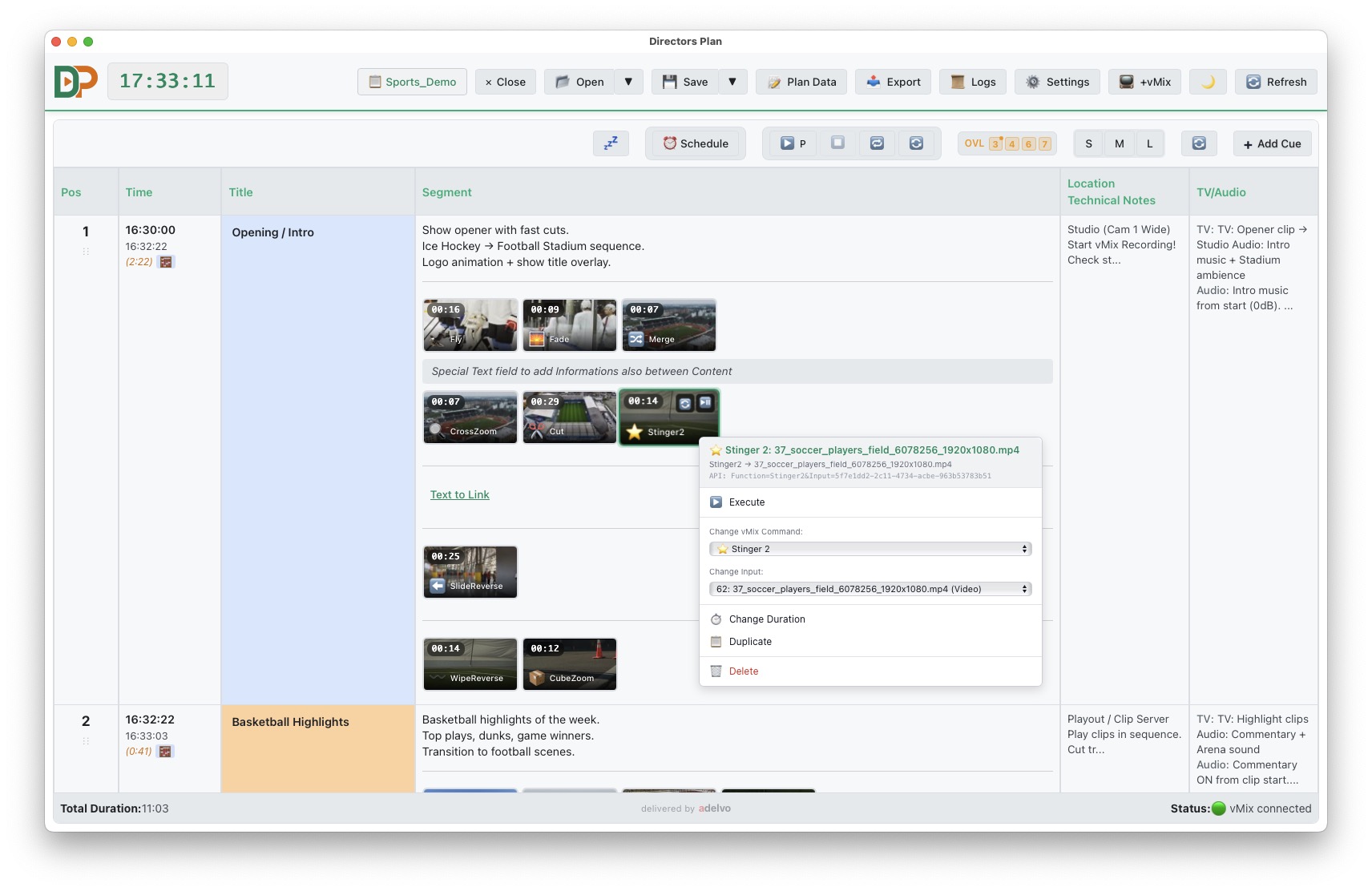 Timeline with right-click menu and thumbnail action overlays