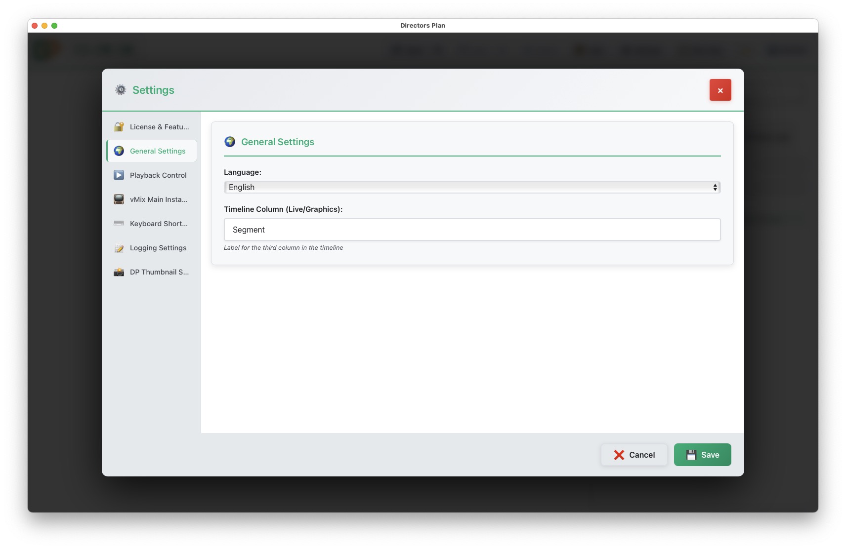 Settings General language and columns