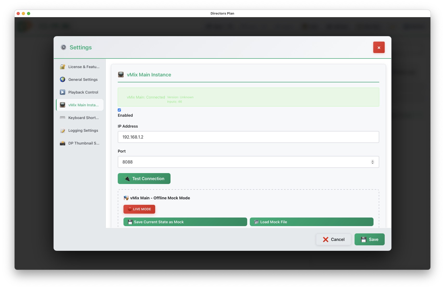 Settings vMix connection and Mock Mode