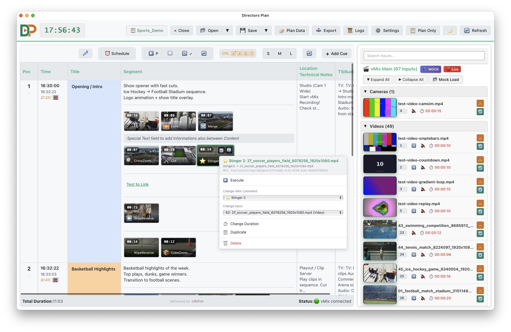 Timeline in Mock Mode with vMix sidebar drag and drop