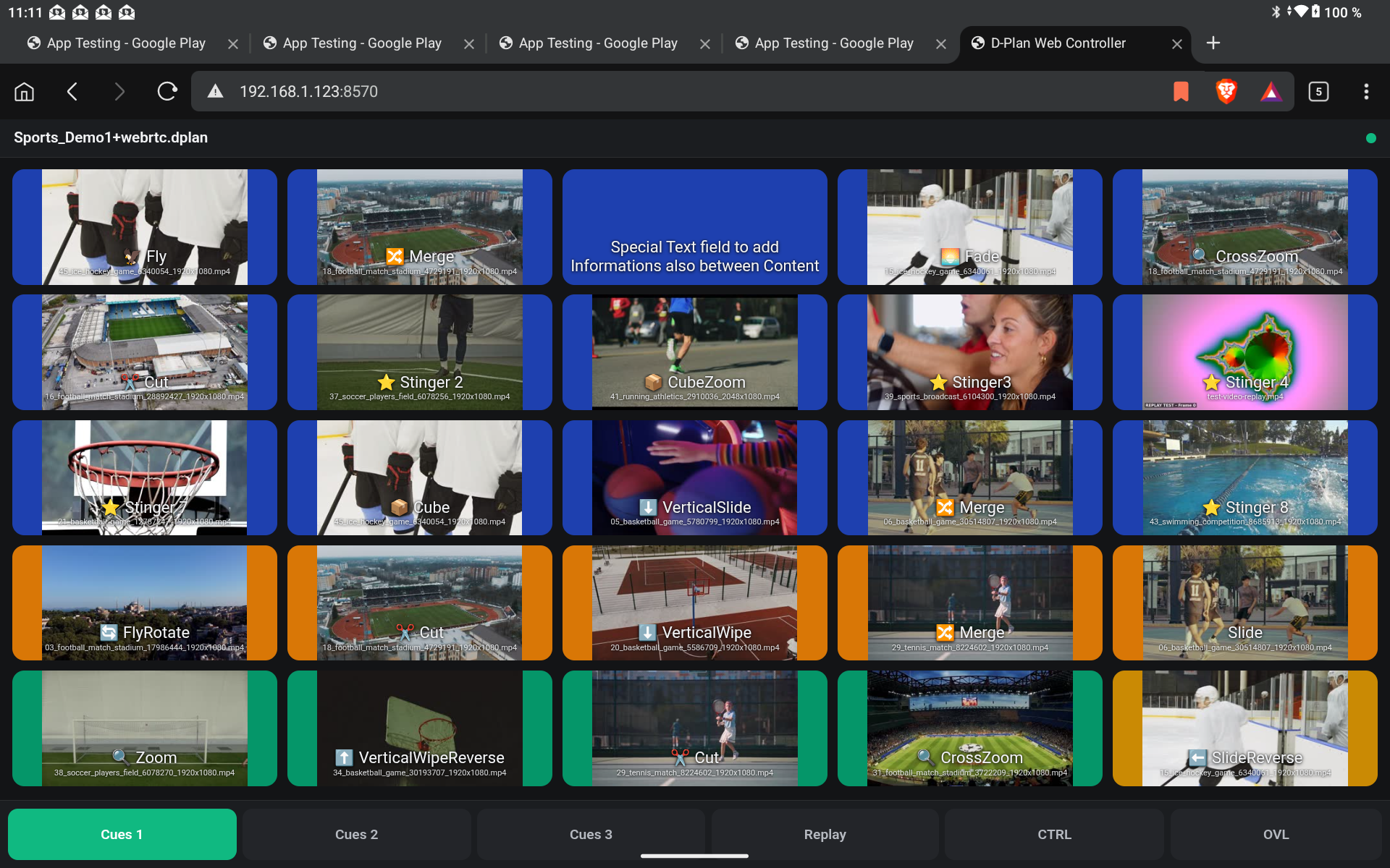 Web Controller on a tablet — the plan's cues as touch buttons with thumbnails in timeline colors