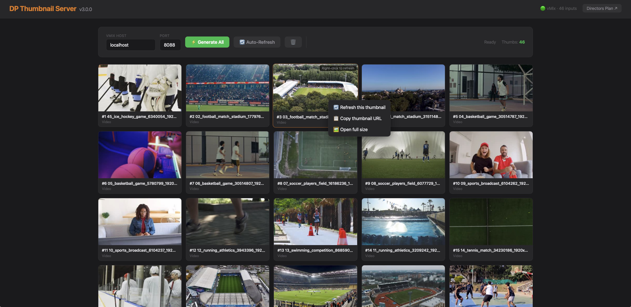 DP Thumbnail Server v3.0 — Browser UI with vMix input thumbnails, auto-refresh, and right-click options