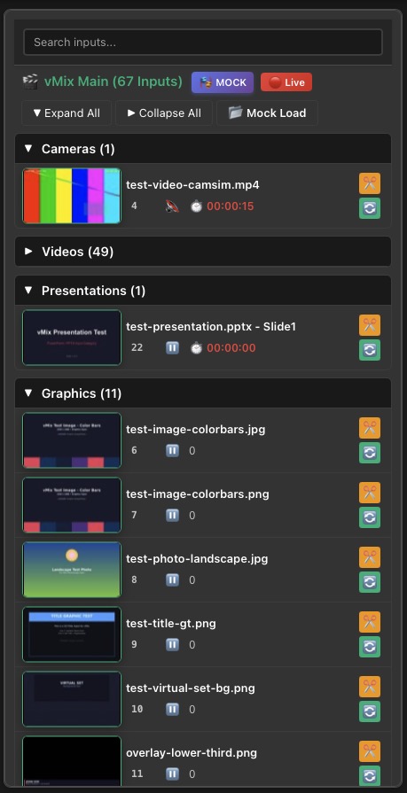 Mock file loaded in vMix Controls — plan remotely, run on-site