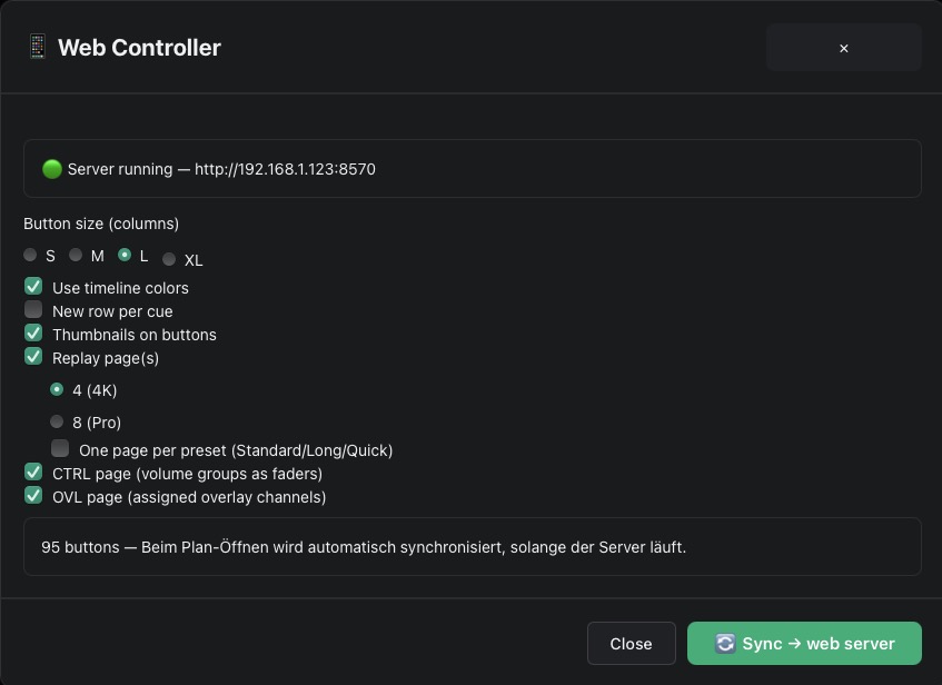 Web Controller export panel — button size, thumbnails, pages, Sync to web server