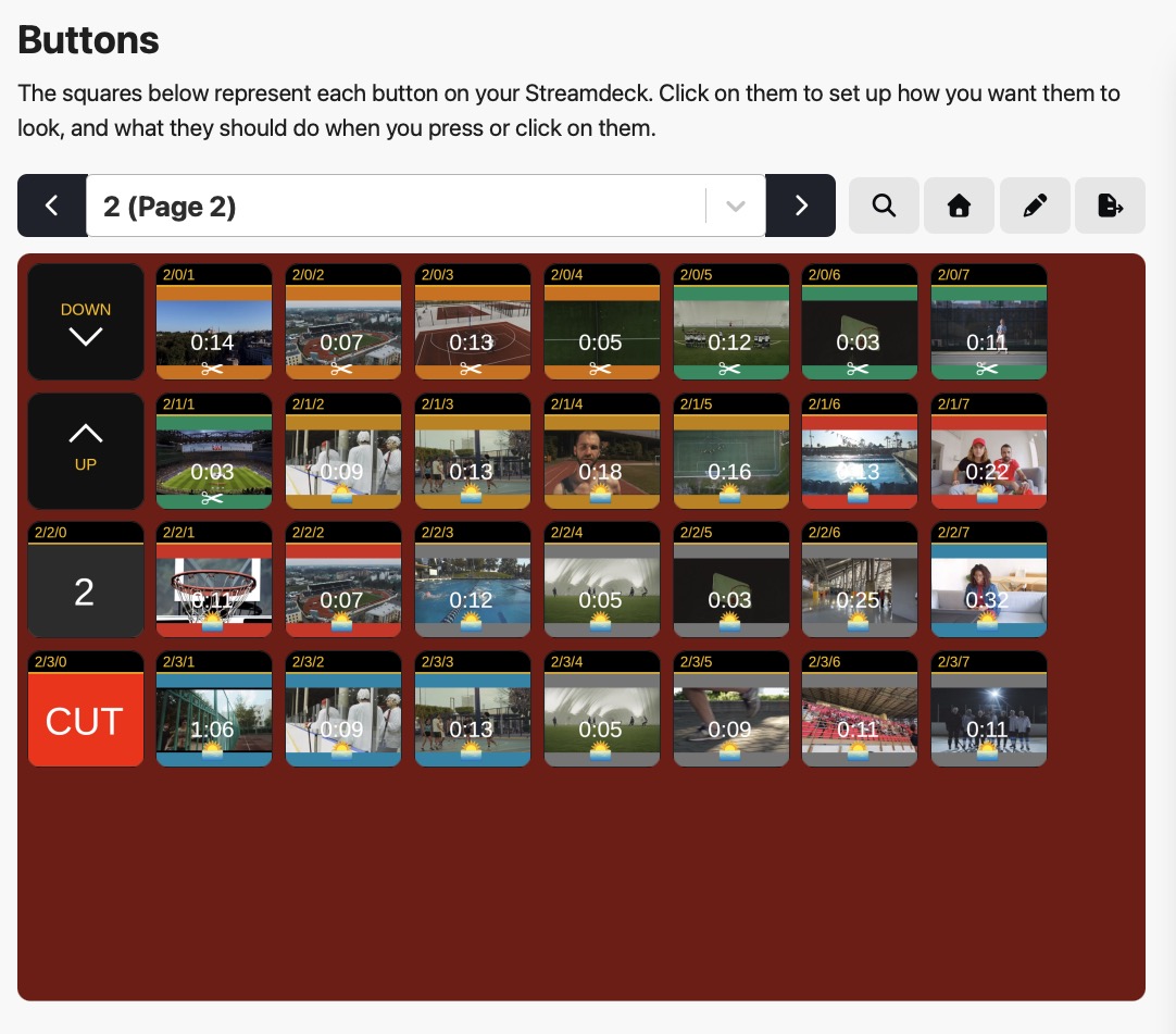 Companion Buttons — generated Stream Deck pages with thumbnails, page navigation, and cut buttons