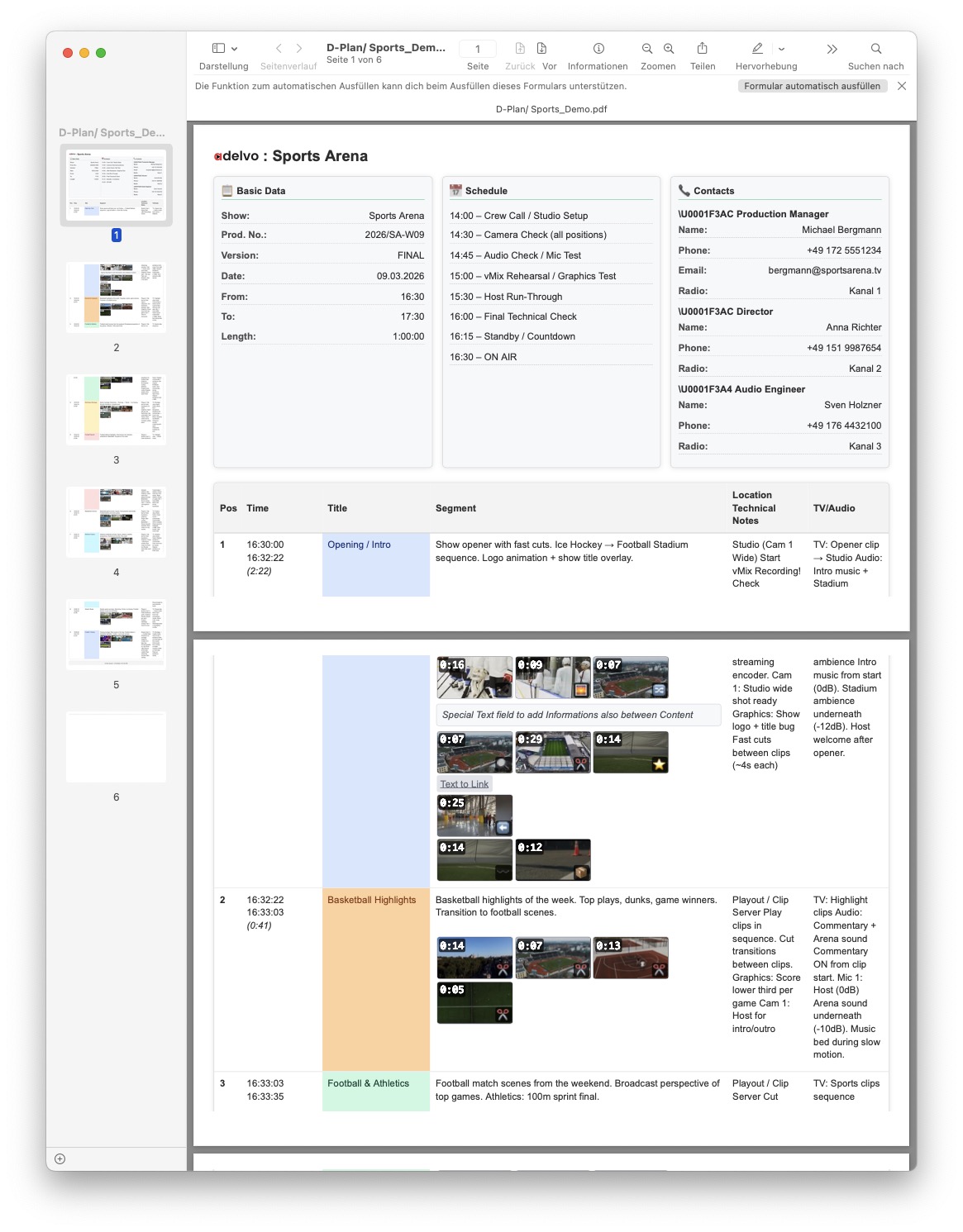 HTML Export - Production rundown with show data, schedule, contacts, and cue timeline with thumbnails
