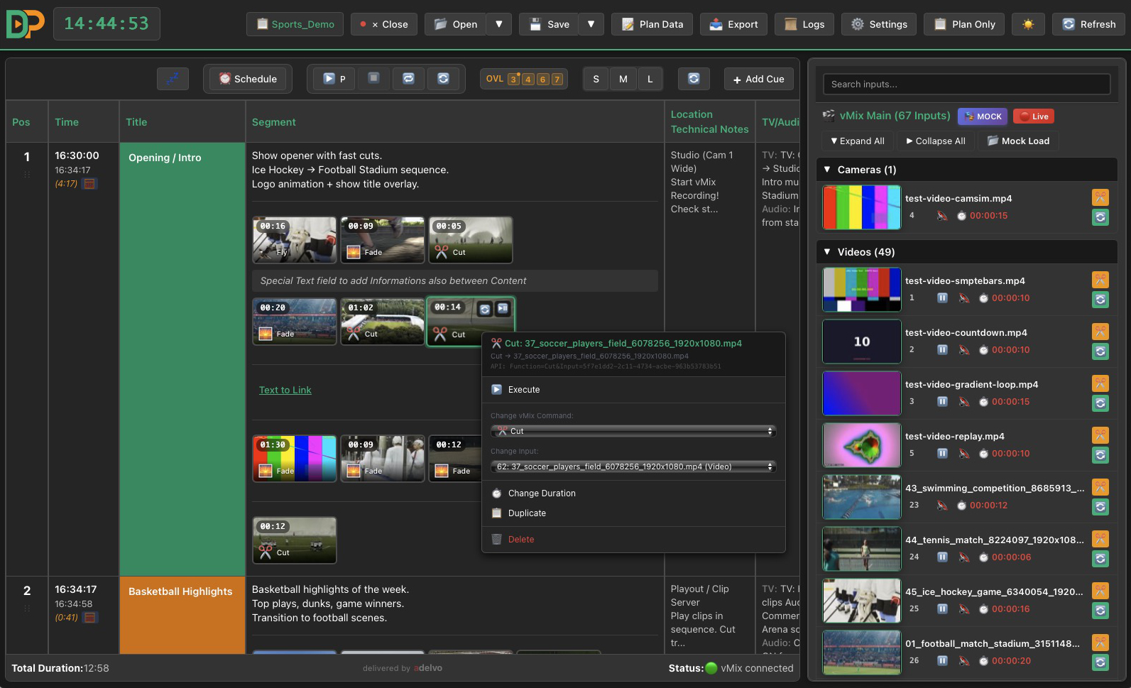 Directors Plan Timeline with live vMix thumbnails and automated playback