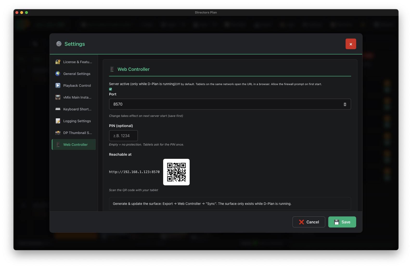 Settings — Web Controller pane with port, PIN and QR code