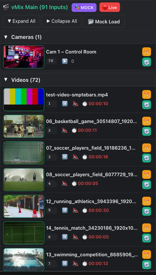 Mock mode: the input panel with the MOCK badge and every input of the saved vMix state, thumbnails included