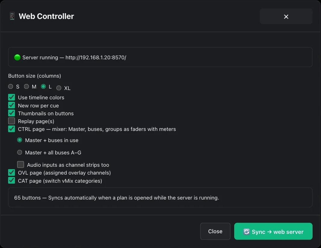 Export → Web Controller: button size, timeline colors, thumbnails, CTRL/OVL/CAT pages and the Sync button