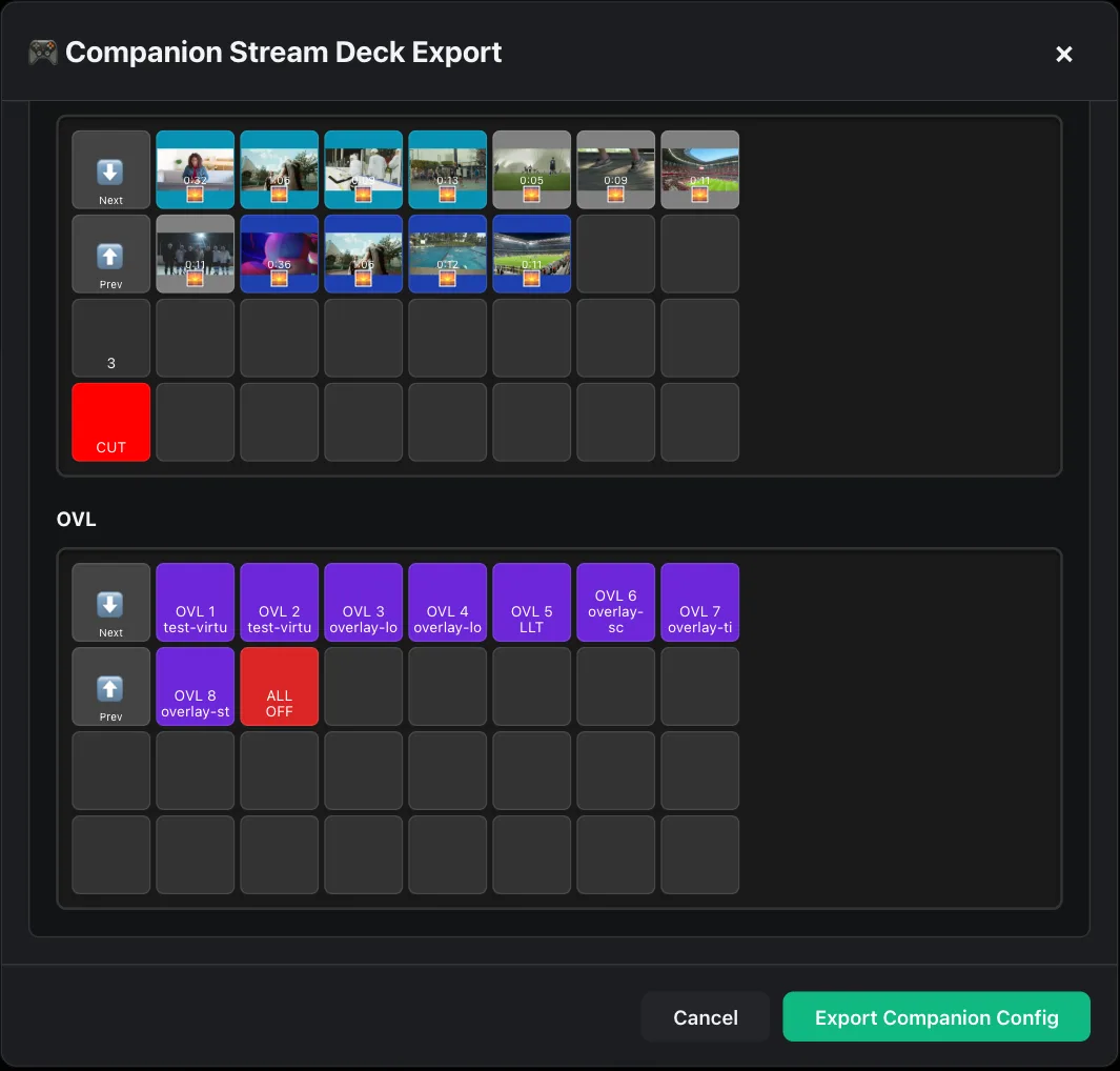 Companion Stream Deck export with preview: cue pages with thumbnails and the OVL page