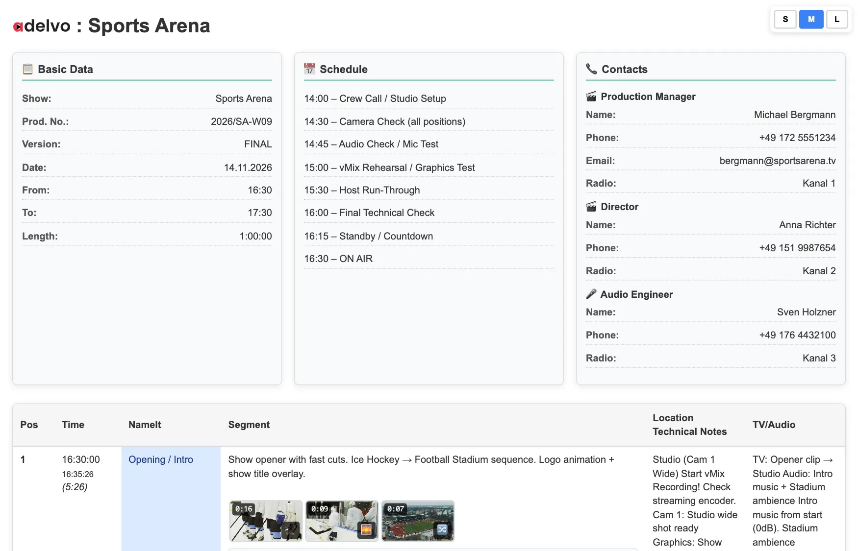 HTML export in the browser: show header with basic data, schedule and contacts