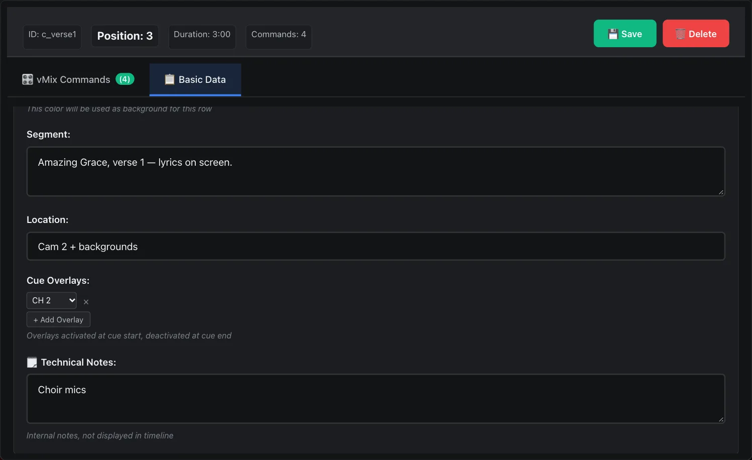 Cue editor: the lyrics overlay is set as a cue overlay — on when the cue starts, off when it ends