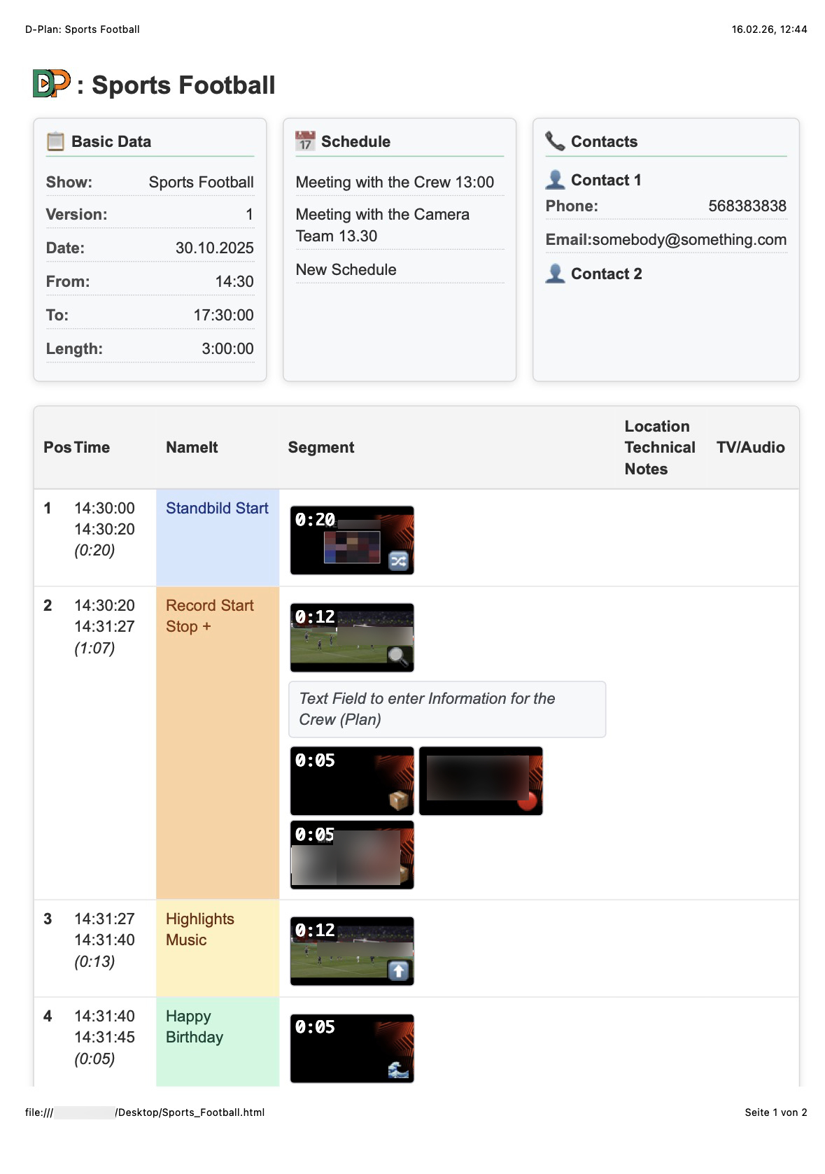 HTML Export - Production rundown with show data, schedule, contacts, and cue timeline with thumbnails