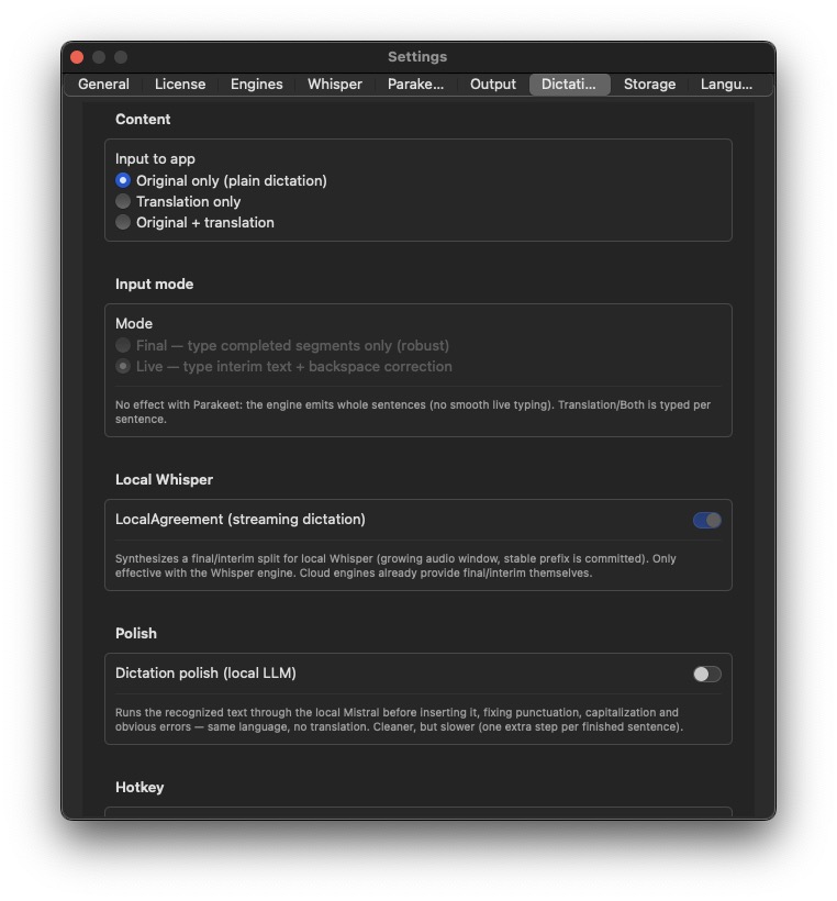 LLT Settings — Dictate tab: target app, content (original / translation / both), Final vs Live mode, and the ⌘⌥D hotkey