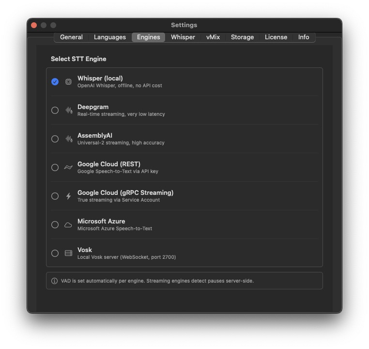 LLT Settings — STT Engines: Whisper, Deepgram, AssemblyAI, Google Cloud, Azure, Vosk