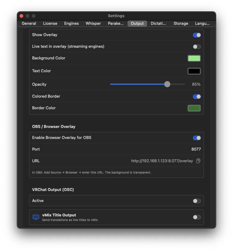 LLT Settings — Output tab: overlay colors, OBS browser source, VRChat (OSC), and vMix Title Output