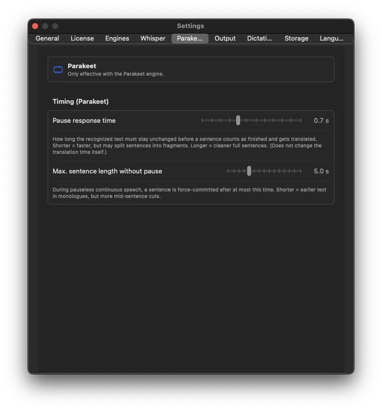 LLT Settings — Parakeet tab: pause response time and sentence-length tuning