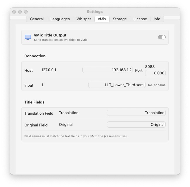 LLT Settings — vMix Title Output with host, port, input, and field mapping