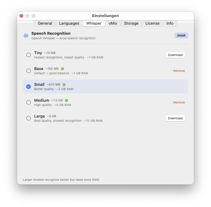 LLT Settings — Whisper model selection: tiny, base, small, medium, large
