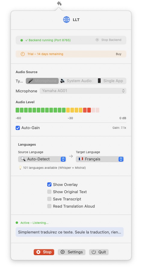 LLT menu bar app — audio source, languages, overlay controls