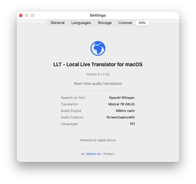 LLT Settings — App info and version