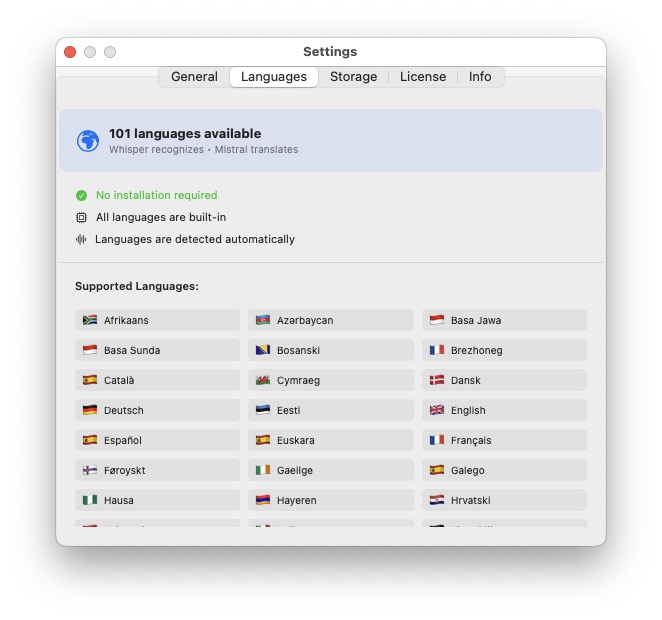 LLT — 101 languages available, Whisper recognizes, Mistral translates
