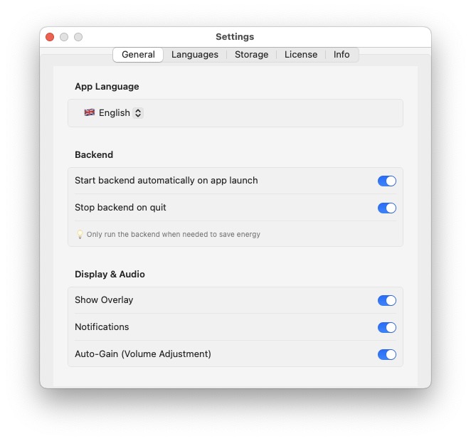 LLT Settings — General tab with backend and display options