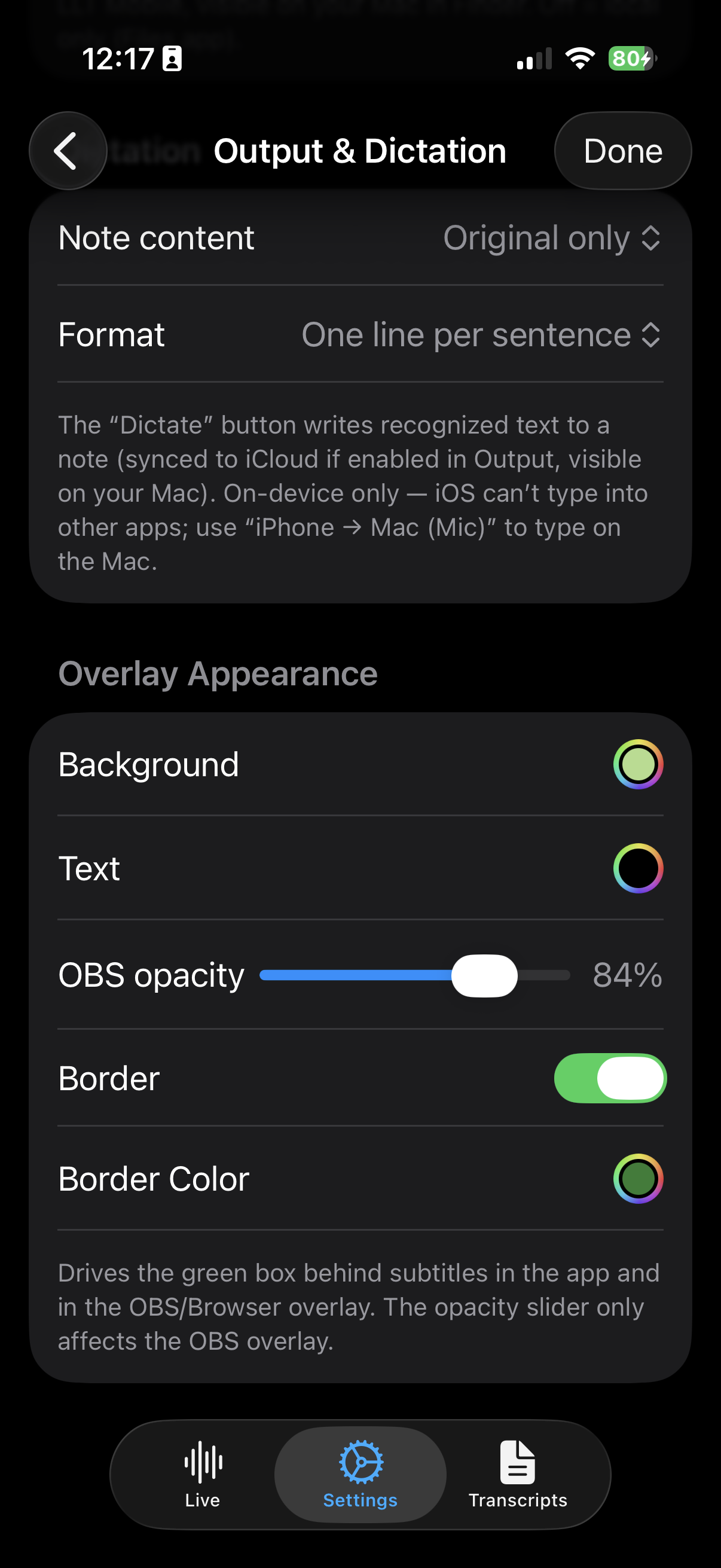 LLT Mobile — overlay appearance settings: background, text, OBS opacity, border colour