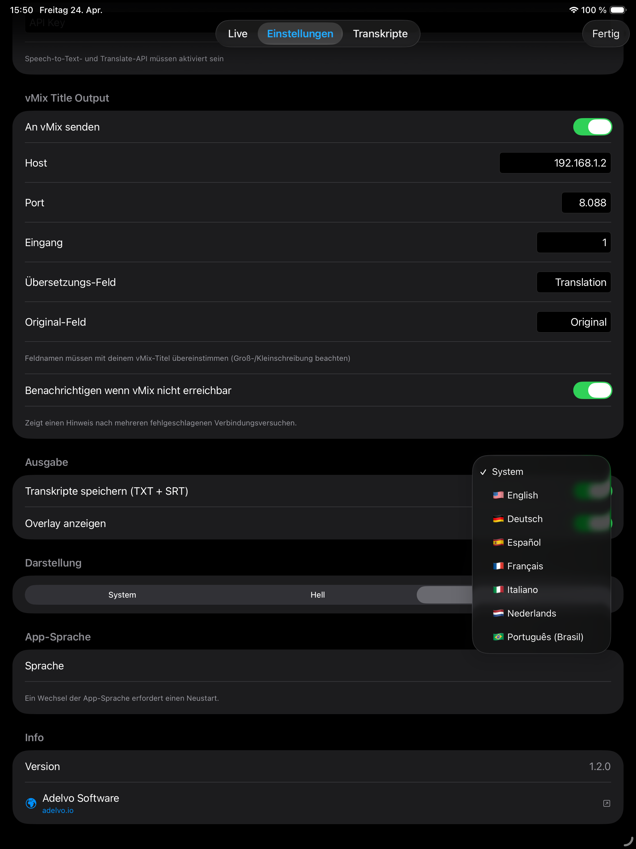 LLT Mobile on iPad — settings layout