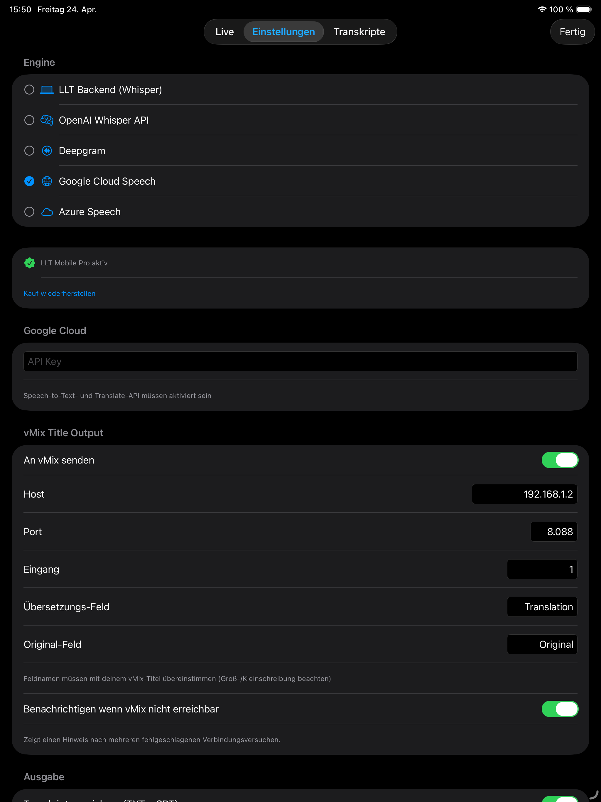 LLT Mobile on iPad — overlay colour settings