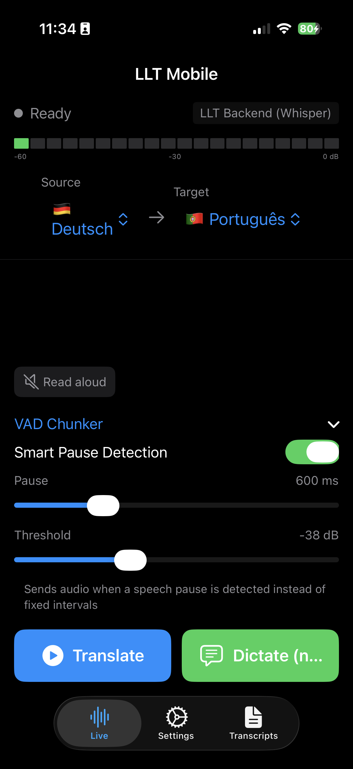 LLT Mobile — main translation screen