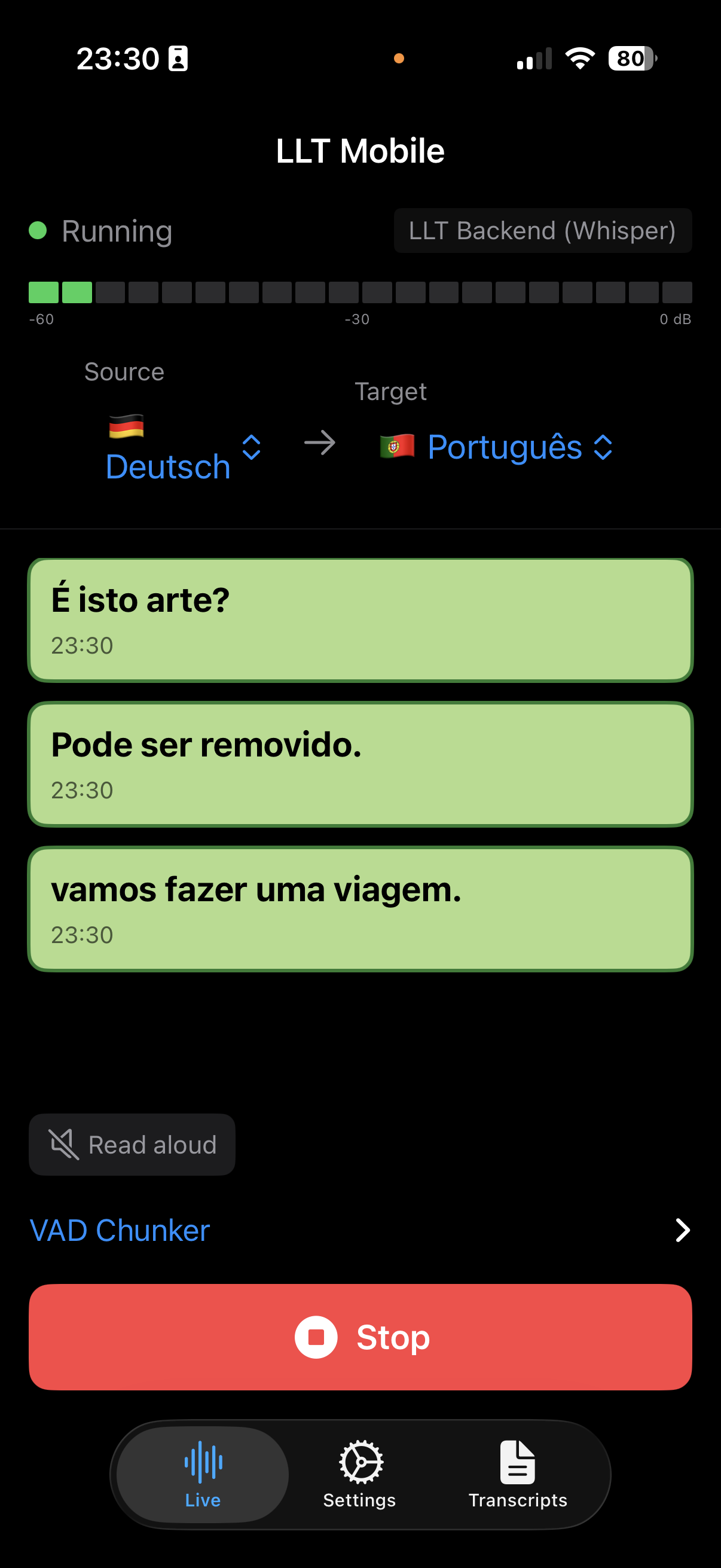 LLT Mobile — translation screen, alternate view