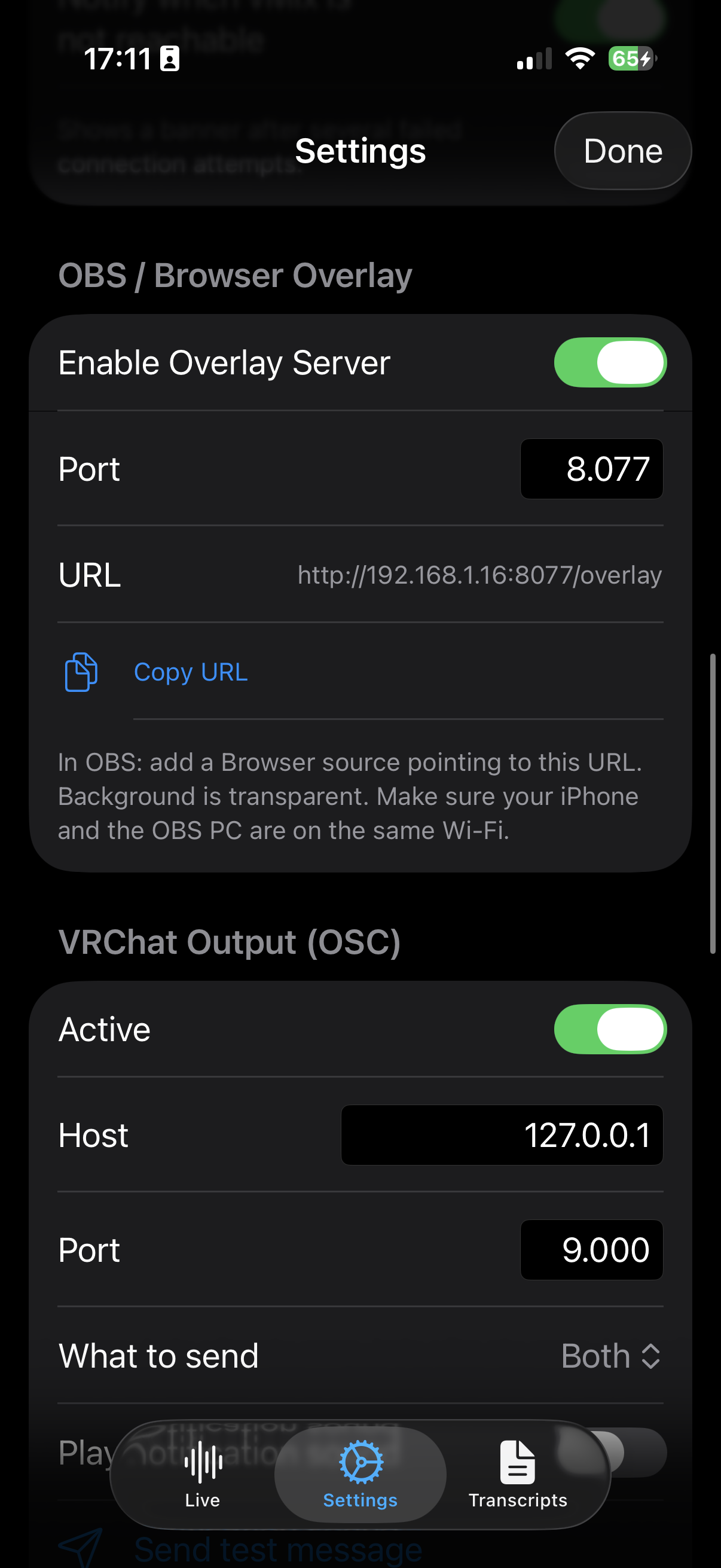LLT Mobile — OBS browser-source overlay settings with copy URL