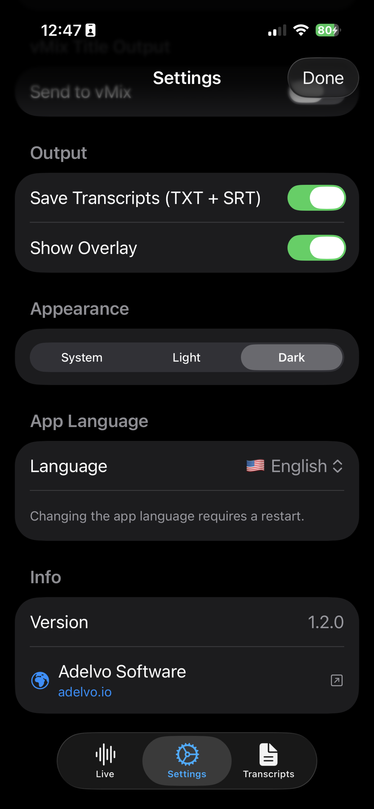 General settings — output, appearance, language