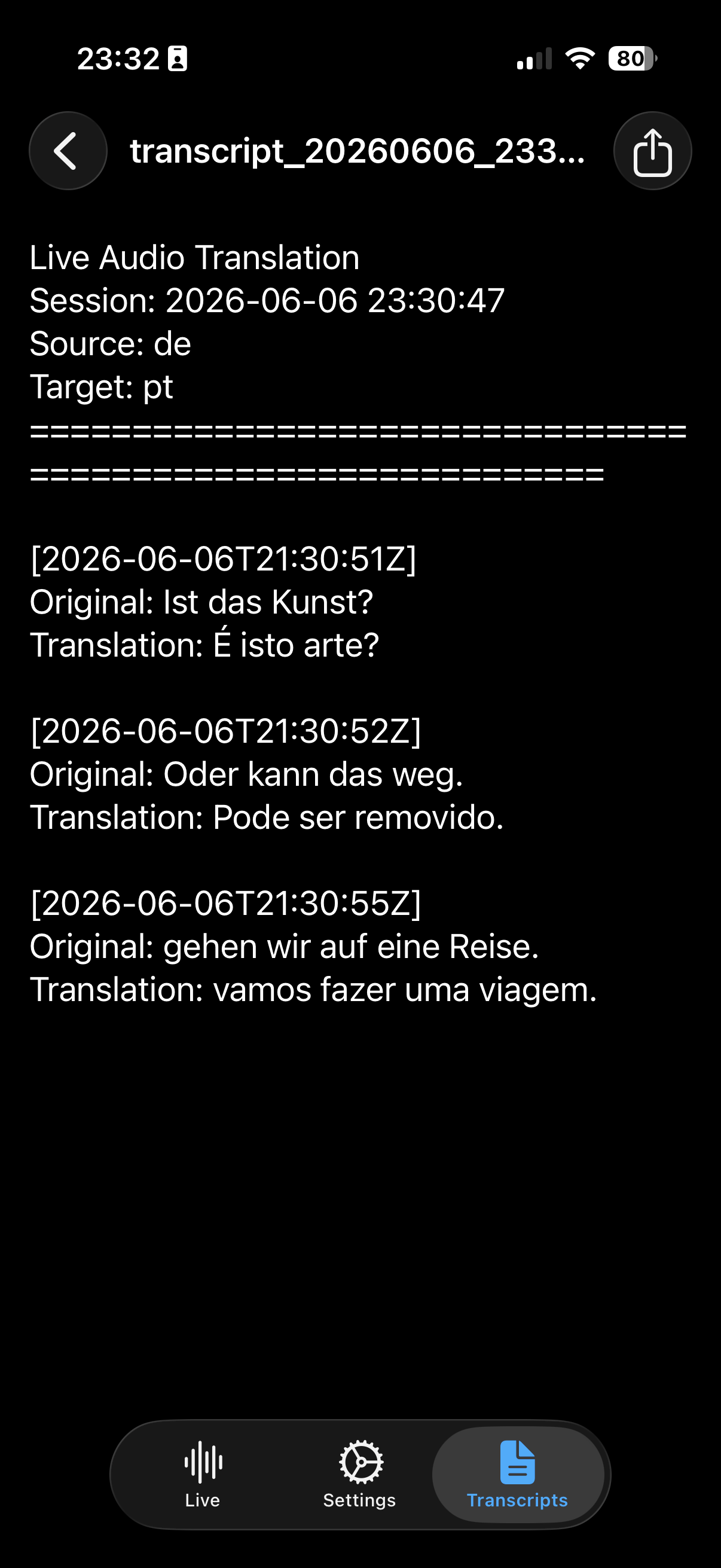 LLT Mobile — built-in viewer reading a saved transcript with timestamps