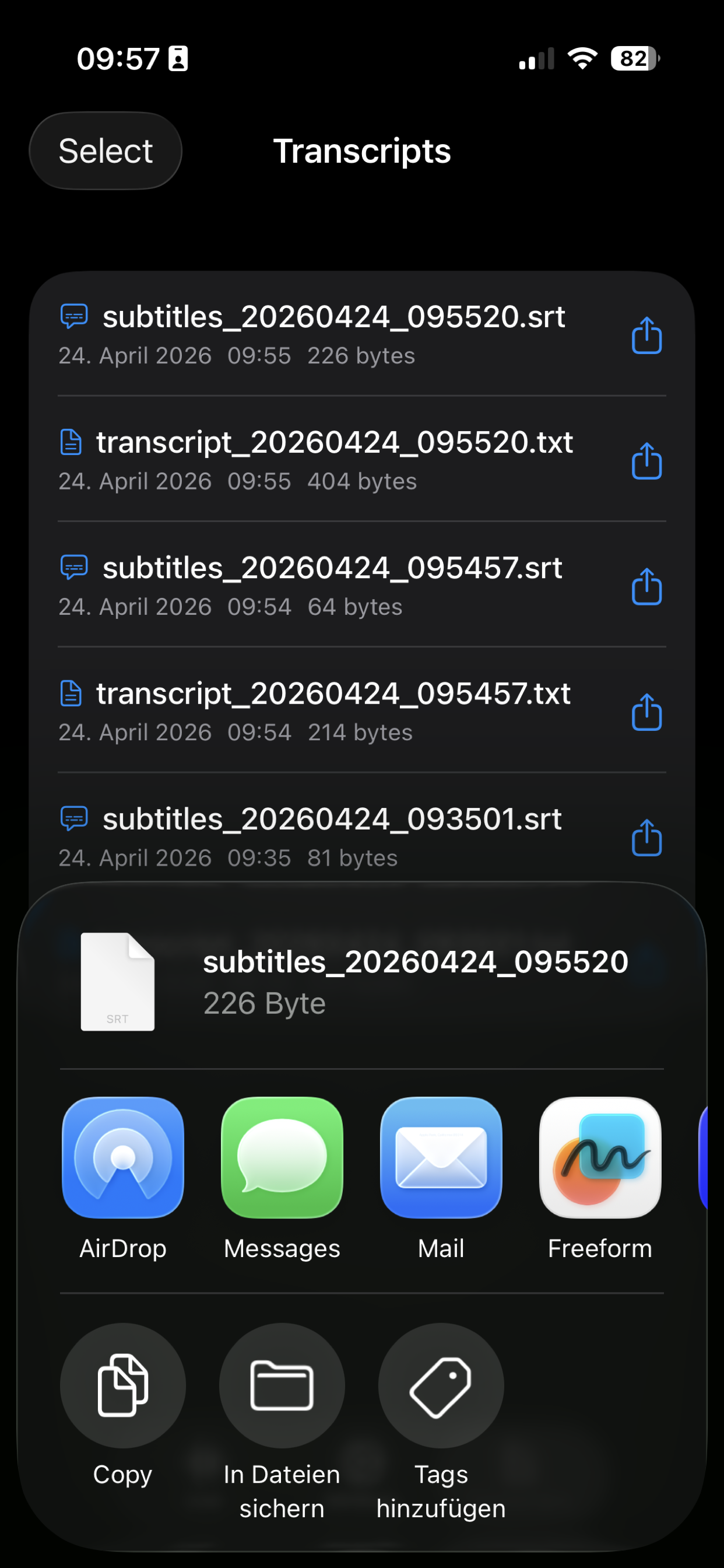 Transcripts list with share sheet