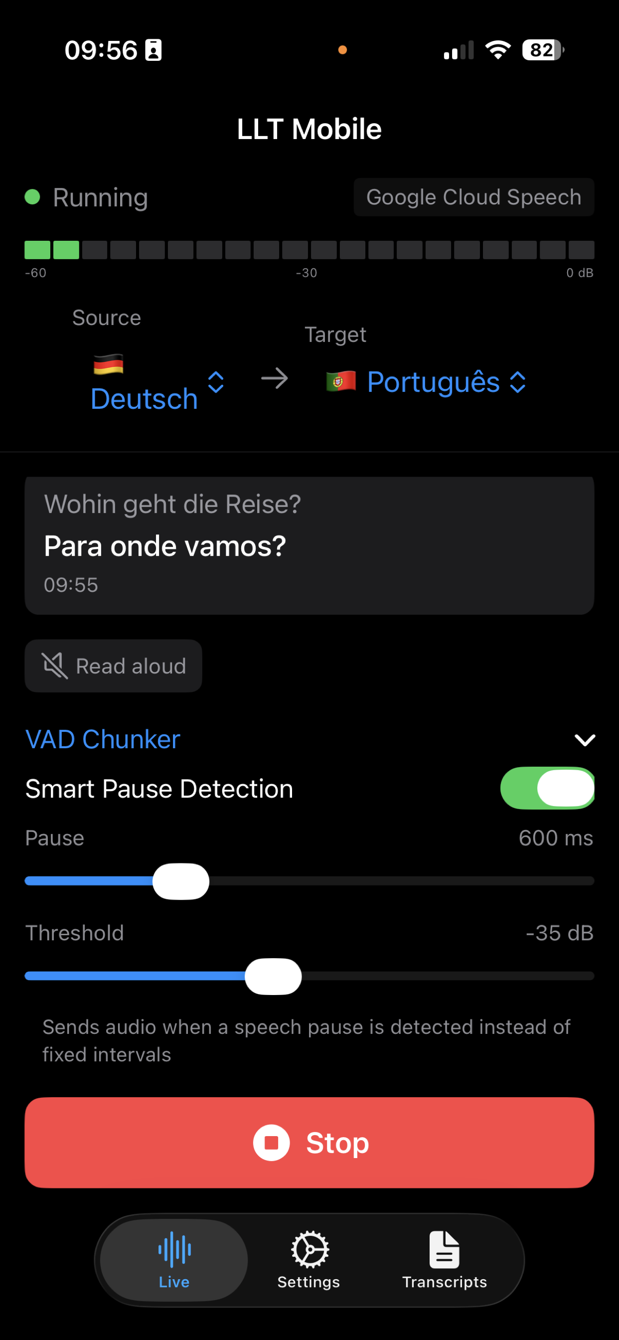 LLT Mobile — main translation screen with VAD controls
