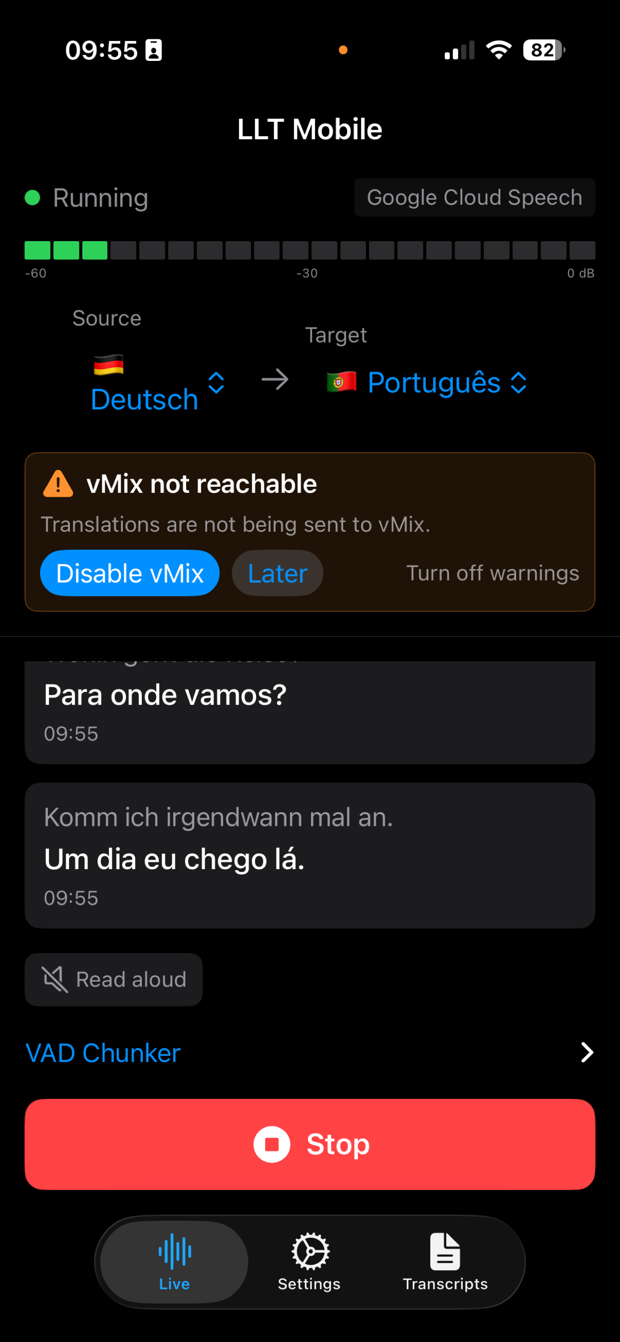 LLT Mobile — translation with vMix title output active