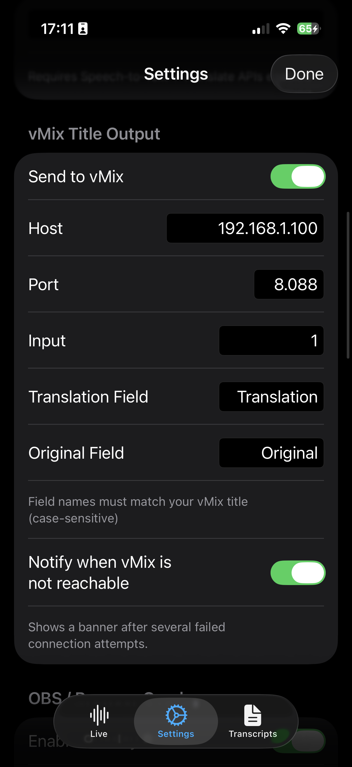 LLT Mobile — vMix Title Output settings
