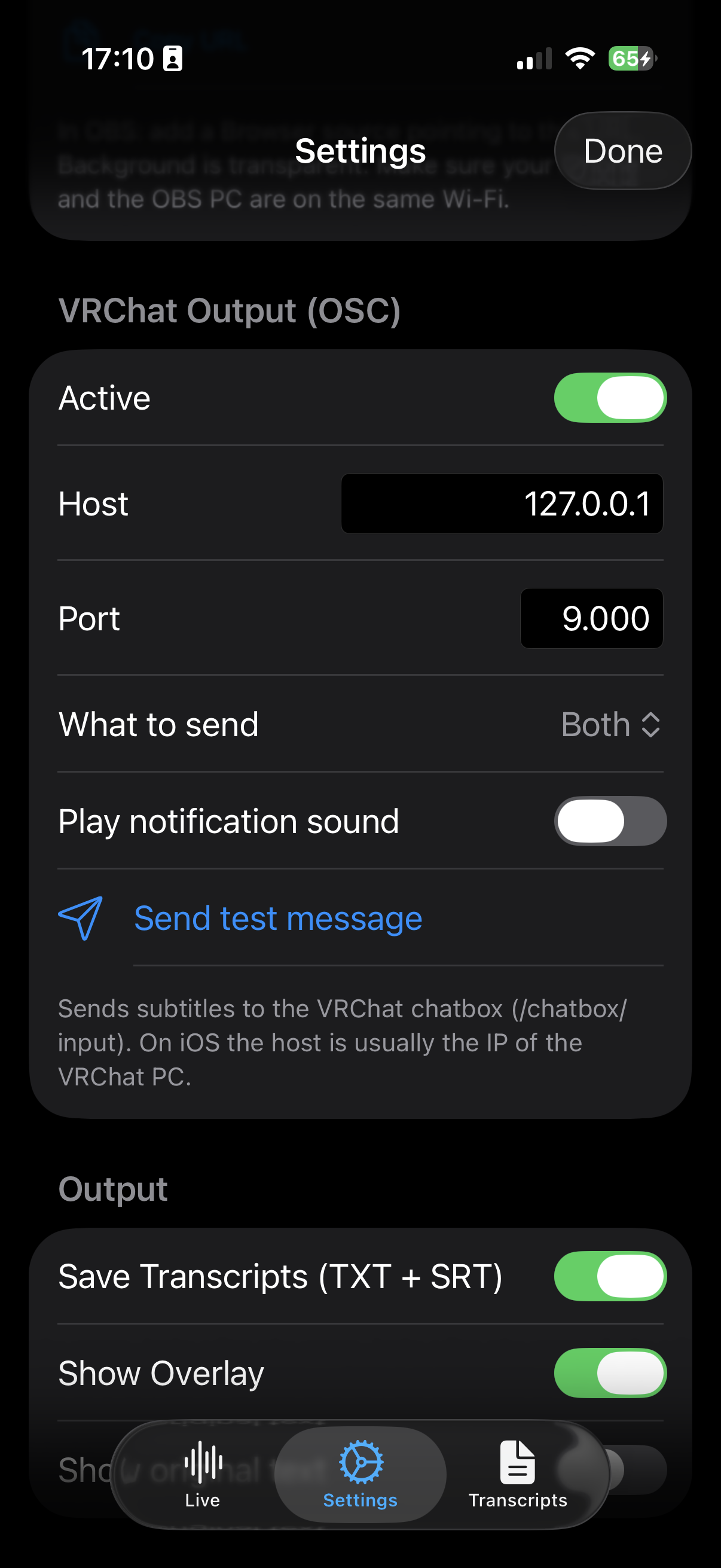 LLT Mobile — VRChat OSC settings: host, port 9000, what to send, send test message