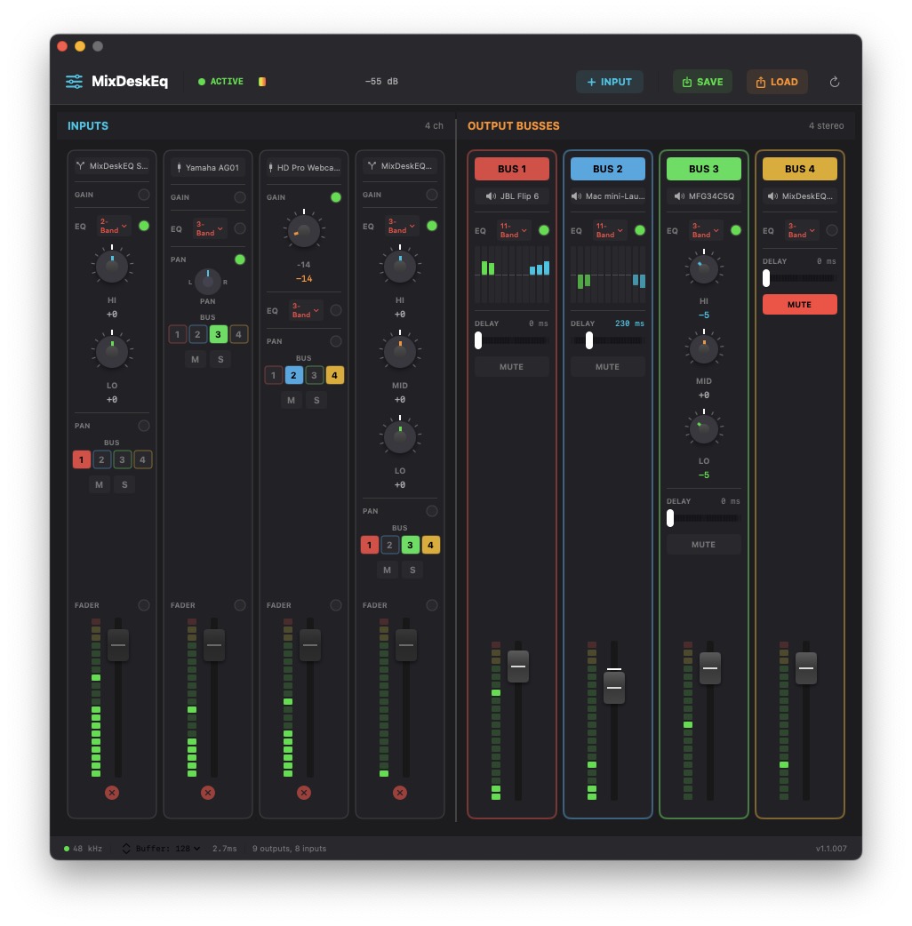 MDE Mix Desk EQ — Inputs and Output Busses with EQ, Pan, Faders, and Bus Routing