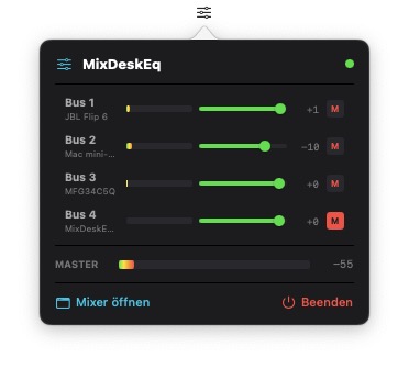 Mix Desk EQ menu bar — bus meters, master fader, quick access