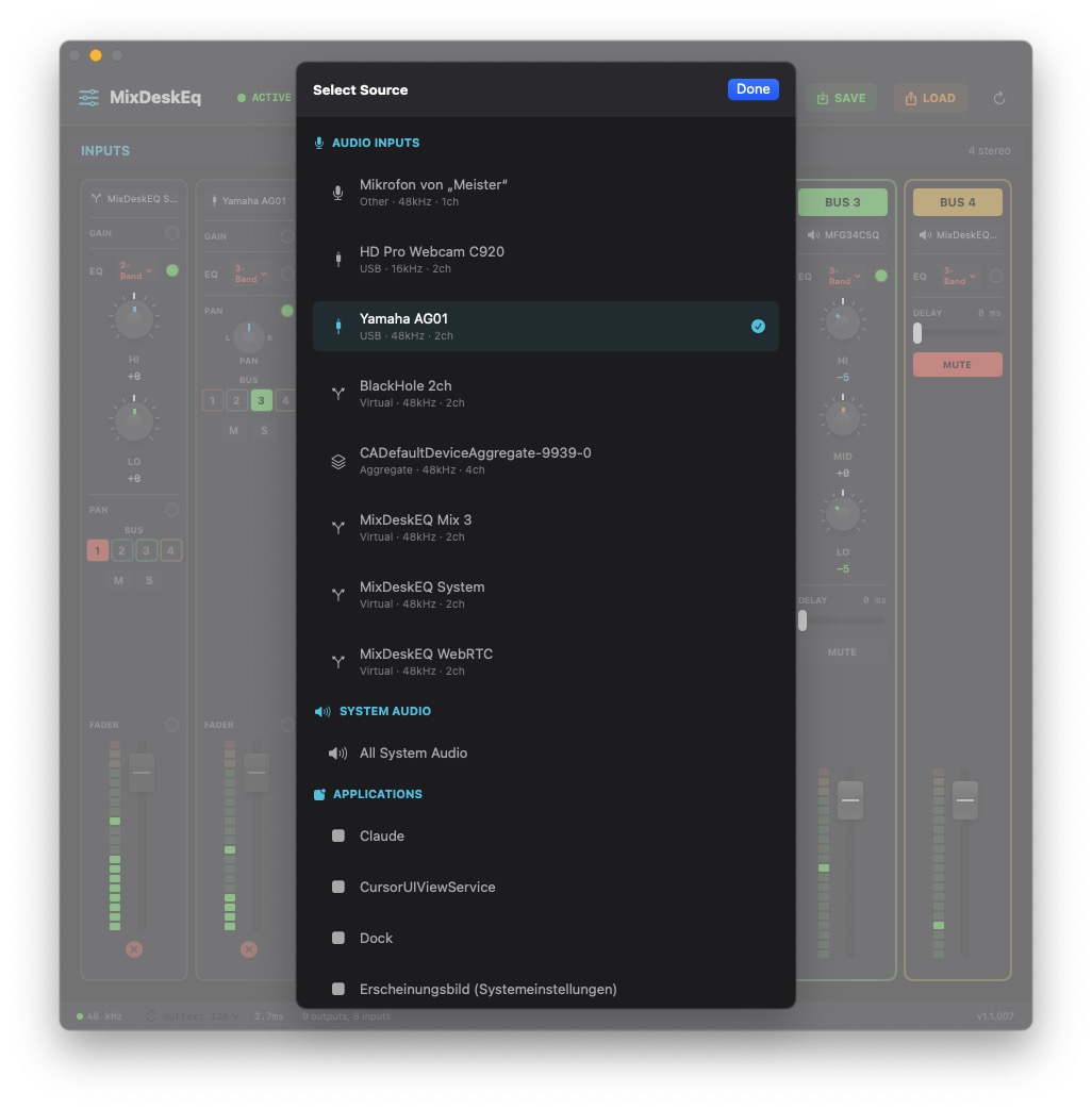 Mix Desk EQ input source selector — mics, apps, system audio, virtual devices