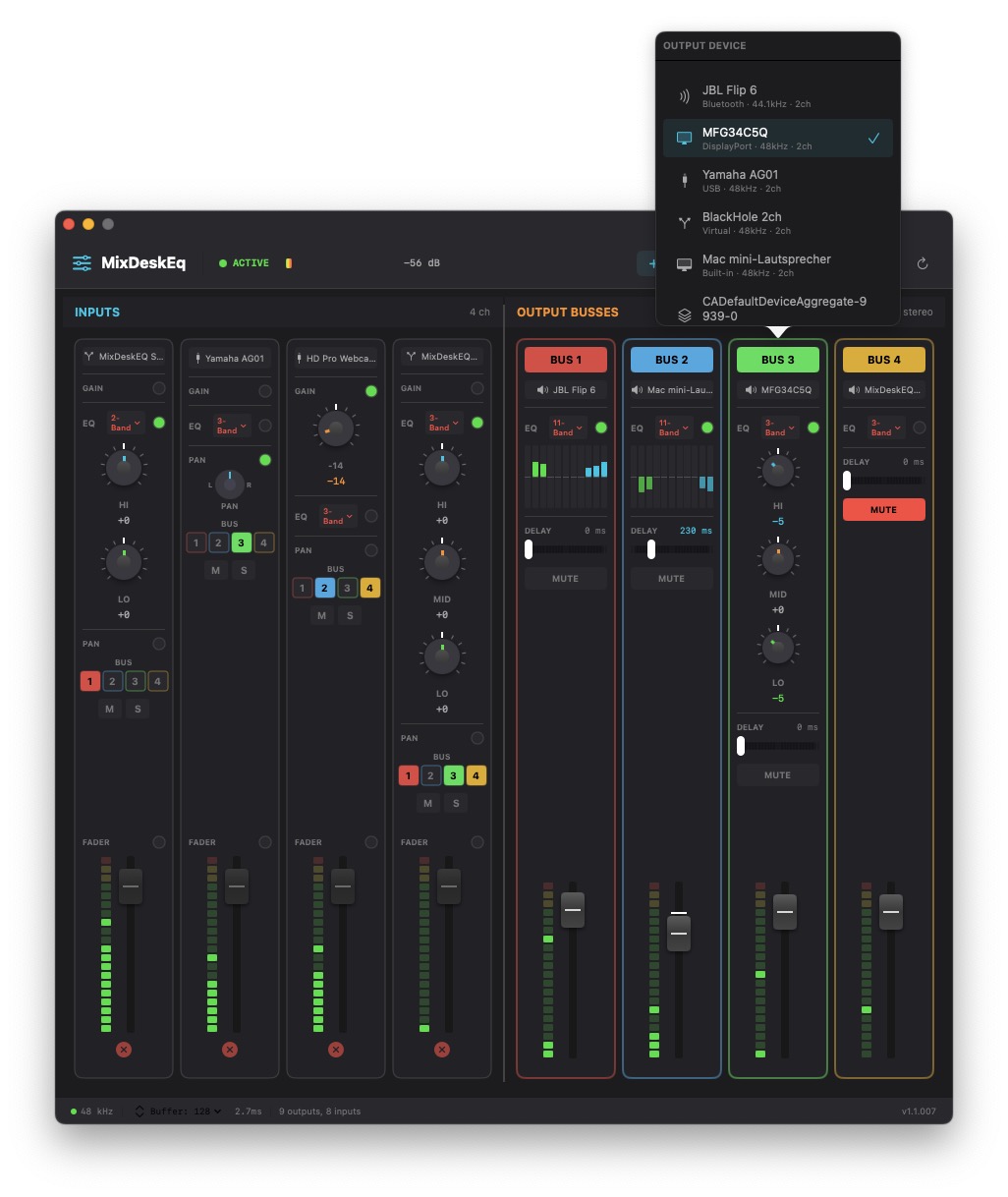 Mix Desk EQ output device selector — physical, virtual, and Bluetooth devices