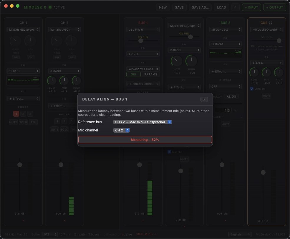 DELAY ALIGN dialog measuring: chirp measurement running between two buses