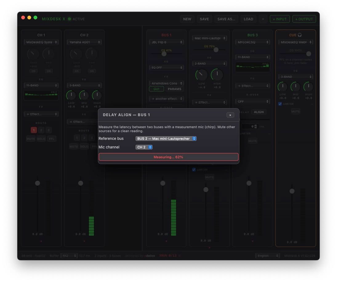 MixDesk X automatic delay measurement between speakers for PA alignment